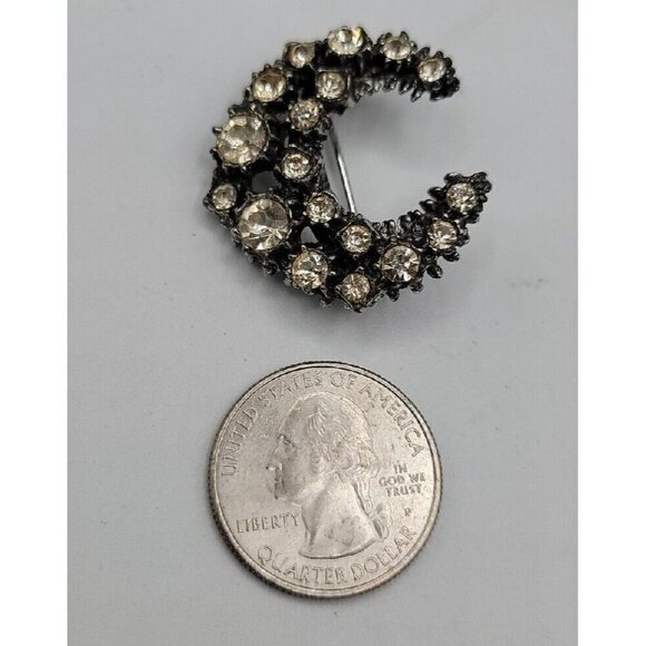 Vintage Clear Rhinestone Crescent Moon Brooch Pin Huge Sparkle Gun Metal Grey - Picture 3 of 5